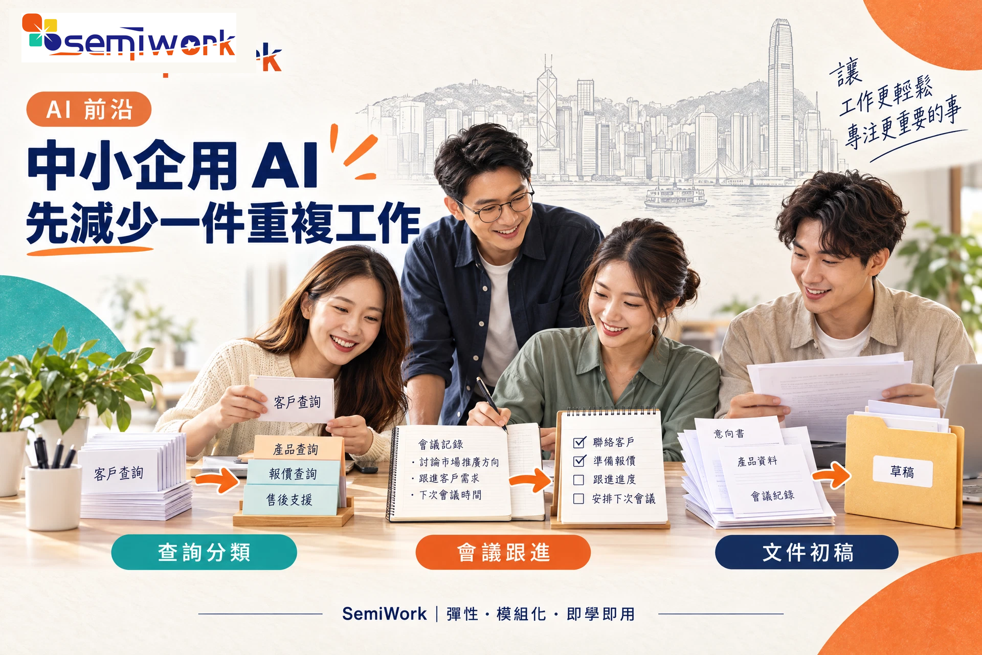 香港中小企團隊將客戶查詢、會議跟進及文件初稿整理成可協作工作流程的插畫