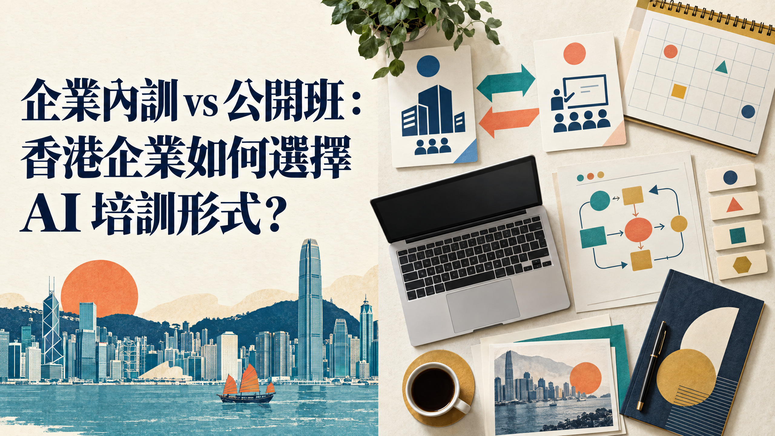 以工作流程卡、香港城市景觀與培訓工具組成的編輯封面,象徵企業選擇 AI 培訓形式